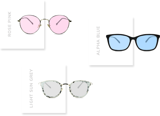 pink, blue, light sun grey tinted glasses
